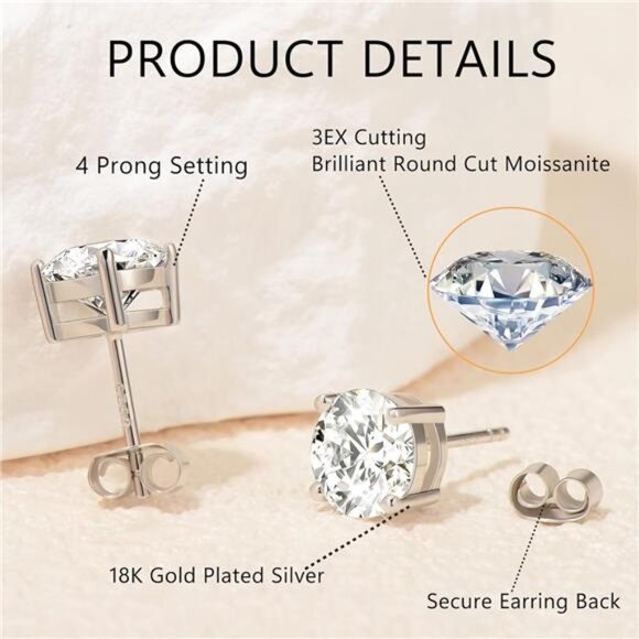 Moissanite Stud Earrings, 0.6ct-2ct DF Color Brilliant Round Cut Lab Created - Picture 2 of 7